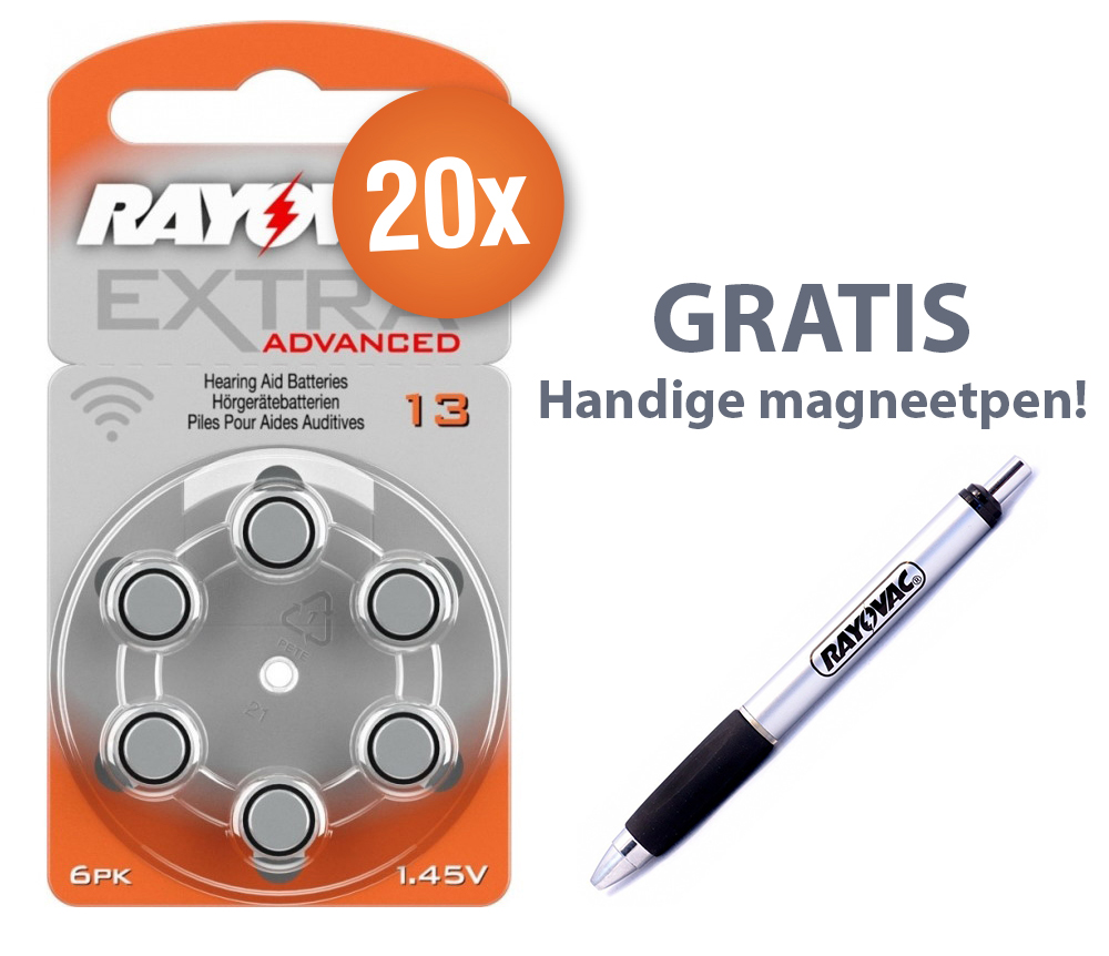 Rayovac gehoorapparaat batterijen - Type 13 (oranje) 20 x 6 + gratis magnetische batterijpen Saake-shop.nl